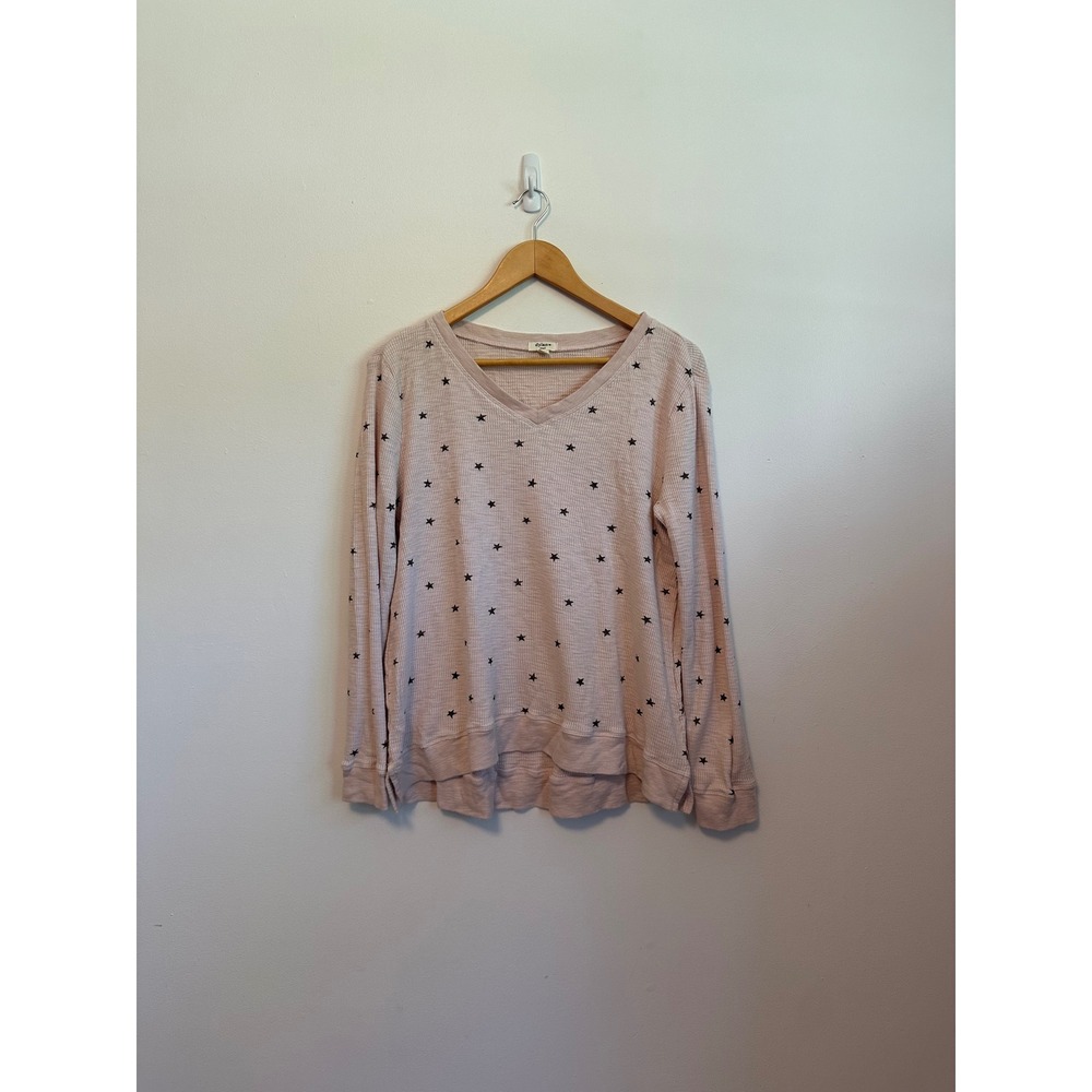 Dylan Pink Waffle Knit Star Print Thermal Long Sleeve V-Neck Top | Size Small